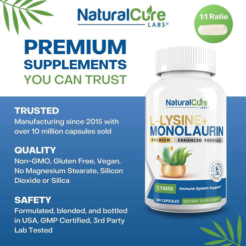L-Lysine + Monolaurin 600mg 1:1 Ratio, 100 Capsules...