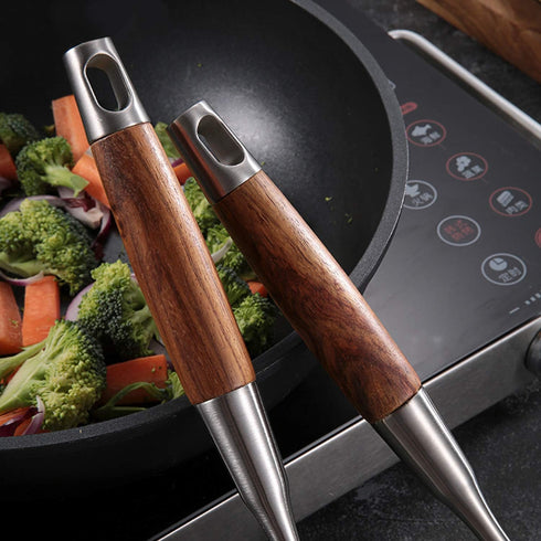 Wok Spatula & Ladle Tool Set, AOOSY 18/10 Stainless Steel Cooking Utensils, Wooden Handle Wok Utensils Soup Ladle 15 inches Set of 2...