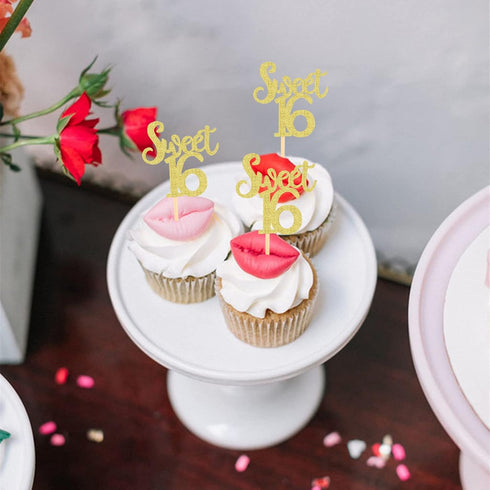 Ercadio 24 Pack Sweet 16 Cupcake Toppers Gold Glitter Age Sixteen Cupcake Picks Anniversary 16th Kids Birthday Party Cake Decors...