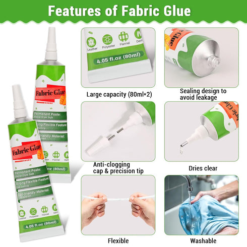 2 x 80 ML Fabric Glue for Clothing Permanent, Super Fabric Glue Washable Clear Clothing Glue for Patches, Clothes, Leather, Polyester, Fabrics, Do...