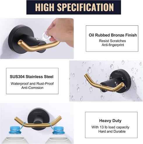 ARCORA Towel Hooks Black and Gold, SUS 304 Stainless Steel Double Wall Hooks, Heavy Duty Robe Hooks, Bathroom Towel Hooks for Wall...
