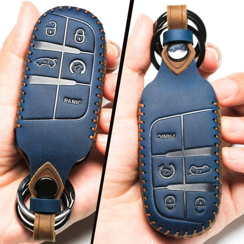 Leather Car Key Fob Cover Compatible with Jeep Keyless Remote Control Grand Cherokee Dodge Challenger Charger Dart Durango Journey Chrysler 200 30...