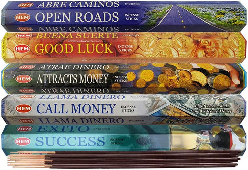 Hem Incense Sticks Variety Pack #5 and Incense Stick Holder Bundle with 5 Money and Success Themed Fragrances...