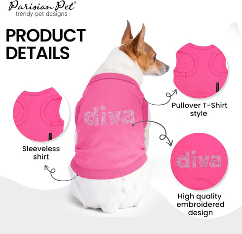 Parisian Pet Dog T-Shirt with Embroidered ' Diva ' - Breathable Pink Dog Clothes - Sleeveless Pet Vest - Machine Washable Pink Dog Shirt for Large...
