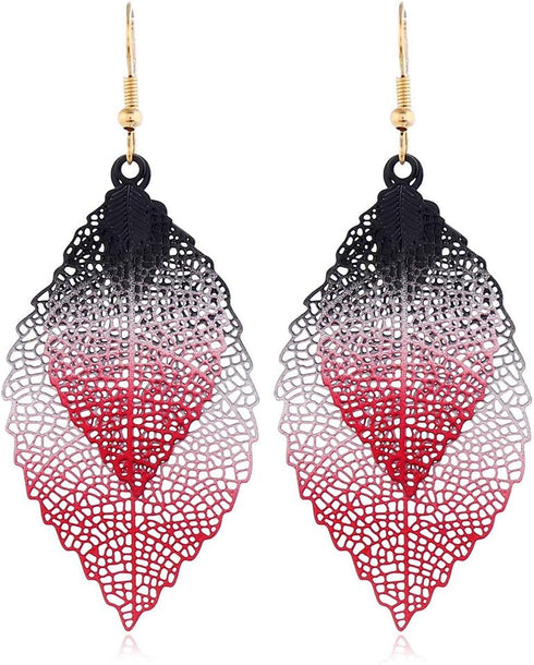 Caiyao Leaf Long Pendant Necklace Dangle Earrings Jewelry Set Delicate Colorful Filigree Long leaves Necklace Unique Bohemian Double Layer Leaf Ch...