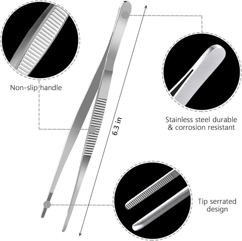 6.3 Inch Food Tweezers Stainless Steel with Precision Serrated Tips, 5PCS Kitchen Tweezers Set for Cooking, Baking, Cookie Cake Decoration, Metal ...