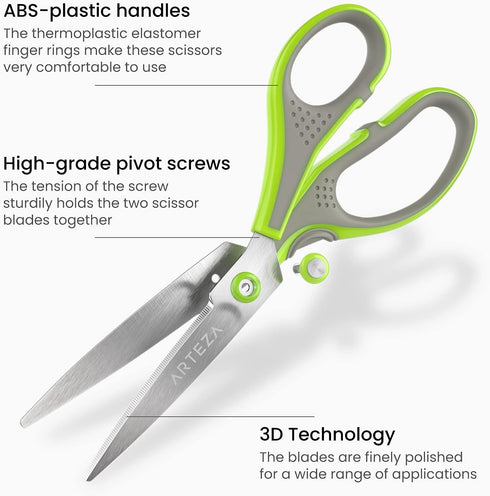 ARTEZA Household Scissors, 5, 7 and 8.25 Inches, Set of 3, All-Purpose Craft Scissors with 3D Blades of Stainless Steel...