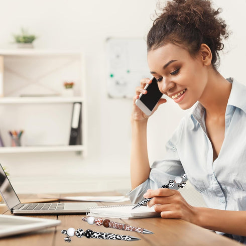 Whaline 110Pcs Cow Beadable Pens Black and Brown Cow Print DIY Pens with 30Pcs Spacer Beads 40Pcs Wooden Beads 10Pcs Cow Pendant for Student Offic...