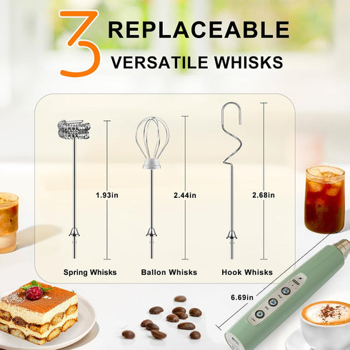 YUSWKO Granite Green Handheld Milk Frother Wand for Coffee, Rechargeable Electric Whisk with 3 Heads 3 Speeds Drink Mixer Coffee Frother For Latte...