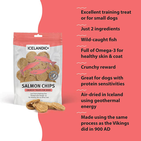 Icelandic+ Fish Chips: Salmon 2.5oz - Dog Treats, for Medium-Large Dogs, Natural 2 Ingredient Air-Dried Crunchy Treats...