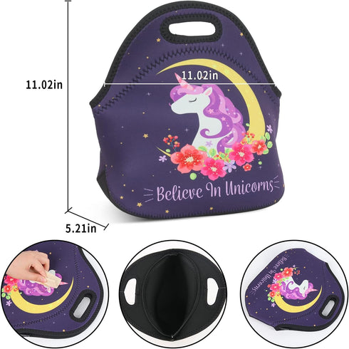 Violet Mist Cute Neoprene Lunch Bag Womens Insulated Lunch Bags Tote Black Unicorn Reusable Lunch Box Thermal Picnic Waterproof Lunch Handbag with...
