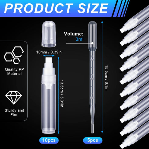 Sabary 10 Pcs Refillable Paint Markers 10 mm Empty Acrylic Markers Blank Flat Head Graffiti Markers White Fillable Paint Pen with 5 Pcs 3 ml Dropp...