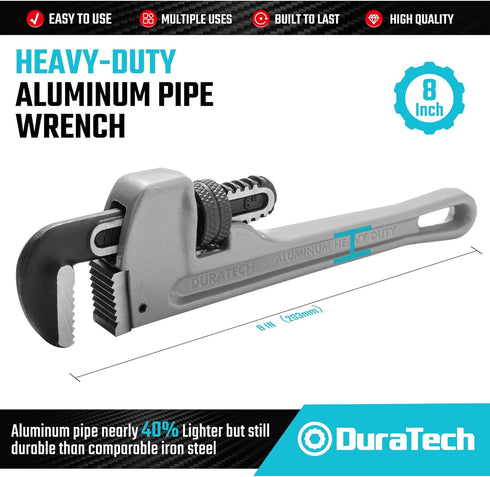 DURATECH 8-inch Heavy Duty Aluminum Straight Pipe Wrench, Adjustable Plumbing Wrench, Drop Forged, Exceed GGG standard...