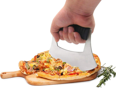 KAYCROWN Mezzaluna Knife Pizza Cutter Salad Chopper - Stainless Steel Sharp Rocker Ulu Knife with Protective Cover for Cutter Pizza, Meat, Vegetab...