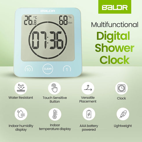 BALDR Digital Shower Clock - Blue - Water-Resistant Shower Countdown Timer with Temperature and Humidity, Digital Clock for Shower, Bathroom Clock...
