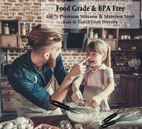 Walfos Whisk Silicone Whisks set, Non Scatch Coated Whisks for Cooking and Baking, Heavy Duty Set of 4 Kitchen Whisk - 11'' Flat Wisk and 7''+10''...