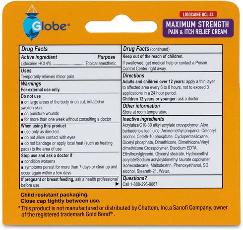 Globe (2 Pack) Lidocaine 4% Multi-Symptom Relief Cream 1.75 oz, Numbs Away Pain & Itch, Steroid Free Non-Greasy Formula (Compare to Gold Bond w/Li...