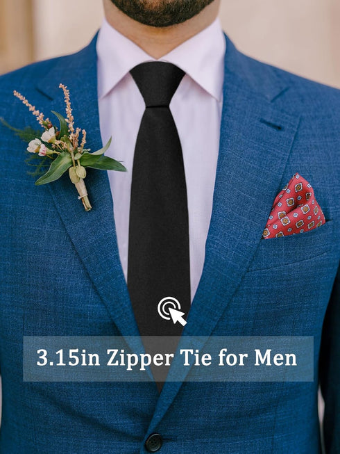 Mens Pre-tied Tie Adjustable Zipper Ties for Men Solid Color 3.15'' Tie for Wedding, Business, Graduation...