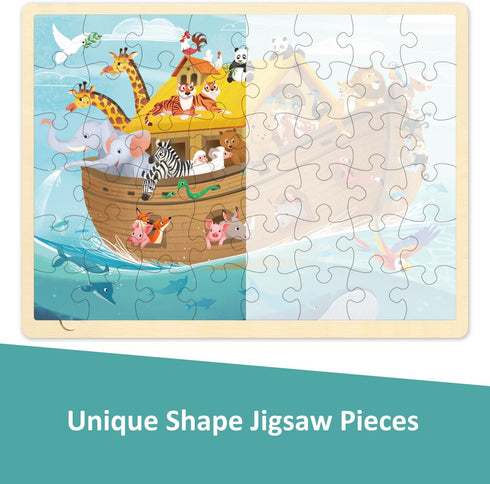 Wooden Noah's Ark Puzzle for Kids Ages 3-5, 48 Piece Puzzles for Kids Ages 4-8 with Puzzle Tray, Religious Scene Christian Bible Wooden Jigsaw Puz...
