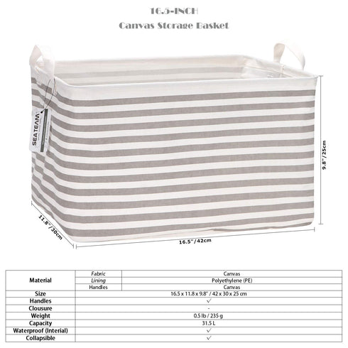 Sea Team Collapsible Canvas Fabric Storage Basket with Handles, Rectangle Waterproof Storage Bin, Box, Cube, Foldable Shelf Basket, Closet Organiz...