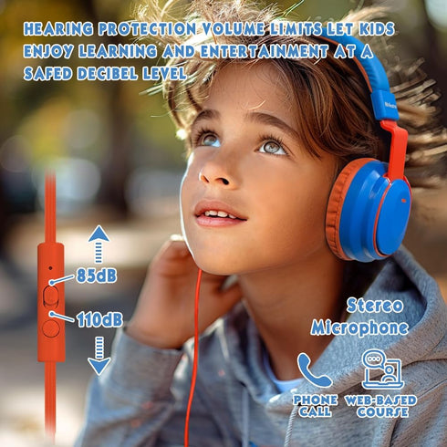 Headphone Kids Volume Limited 85/96dB Wired Over-Ear/On-Earr Foldable Headset with Inline Cable Aux 3.5mm Cord Mic for Boy Girl Child School PC No...