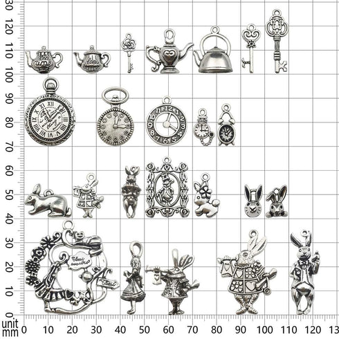 40 PCS Alice in Wonderland Fairy Charms Collection - Antique Alice Rabbit Steampunk Skeleton Keys Pendants Jewelry Findings (Silver HK6)...