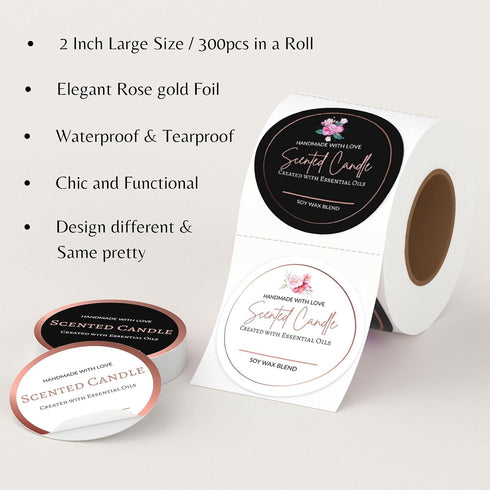 Mobiusea Creation Candle Label Roll | 300pcs Rose Gold Labels for Candle Making Supplies, Tins, Containers, Jars with Lids, Boxes Packaging...