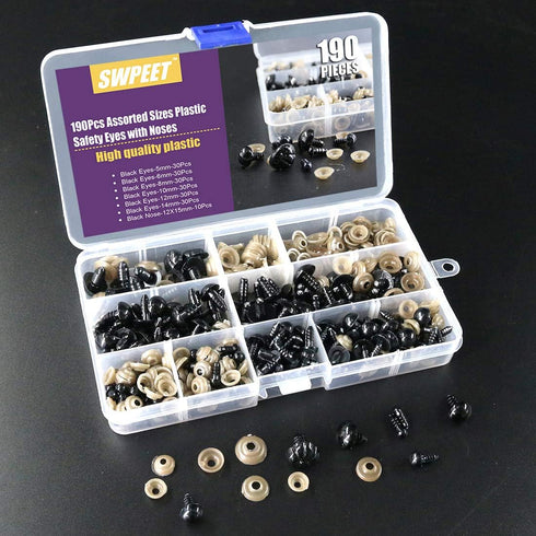 Swpeet 190Pcs Black Assorted Sizes Plastic Safety Eyes and 10 Pcs Noses Set for Doll, Puppet, Plush Animal Making and Teddy Bear...