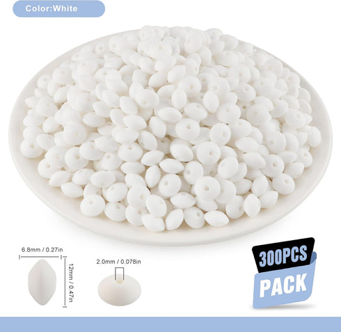 300Pcs 12mm Silicone Lentil Beads, Silicone Spacer Beads for Necklace Bracelet Keychain Pens Craft(White)...