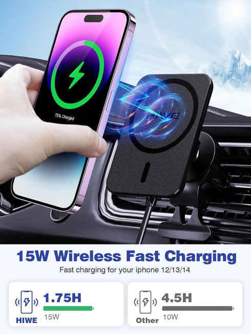 Magnetic Wireless Car Charger, Design for MagSafe Car Mount Charger, Strong Magnetic 15W Fast Charging Car Charger Phone Holder with USB Car Charg...