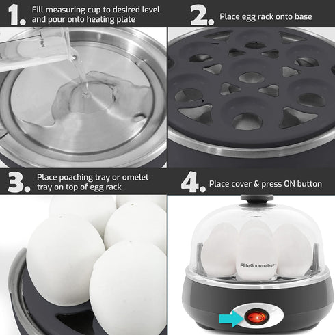 Elite Gourmet EGC007CHC# Rapid Egg Cooker, 7 Easy-To-Peel, Hard, Medium, Soft Boiled Eggs, Poacher, Omelet Maker, Auto Shut-Off, Alarm, 16-Recipe ...