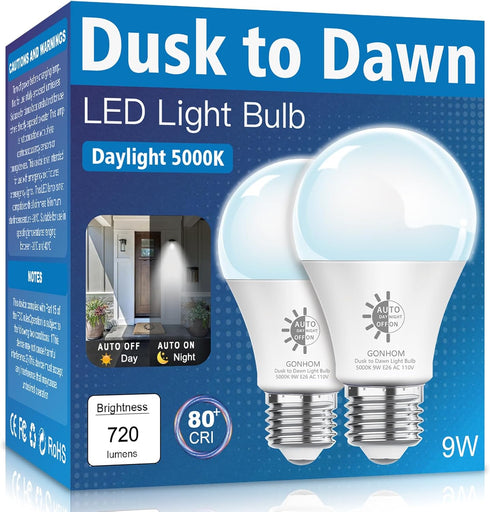 2 Pack Dusk to Dawn Light Bulbs Outdoor, 5000K-Daylight, 720LM, 9W(60W Equivalent) A19 E26 Automatic On/Off LED Light Bulbs, Dusk to Dawn LED Outd...