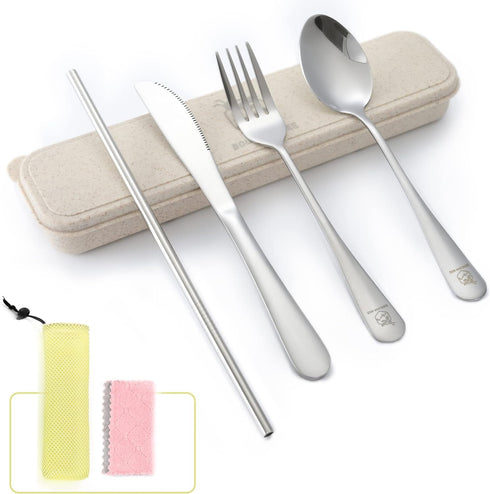 | Travel Utensils Set | Reusable Camping Cutlery Set | Stainless Steel Flatware Set | Portable Silverware Set with Case | Includes Knife/Fork/Spoo...