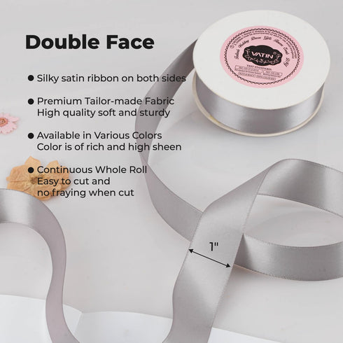 VATIN Double Face Deep Silver Satin Ribbon 1" Continuous 25 Yards,Silver Polyester Fabric Ribbon use for Bows Bouquet, Gift Wrapping, Floral Arran...