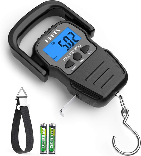 HEETA Fish Scale with Backlit LCD Display, Up to 110lb/50kg Digital Portable Hanging Fish Weight Scale with Hook & Measuring Tape for Home, Farm, ...