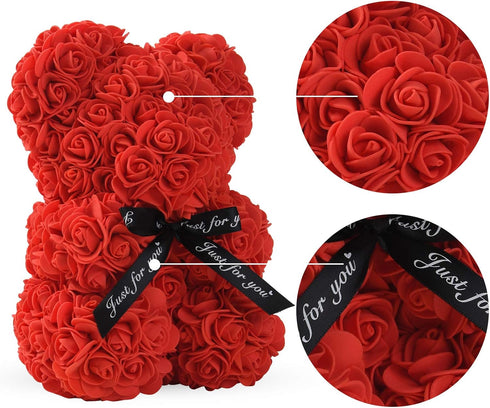 LINKLO Rose Bear Rose Teddy Bear -10 inch Artificial Rose Flower Bear, Gift for Wedding, Mothers Day and Anniversary, Including Transparent Gift B...