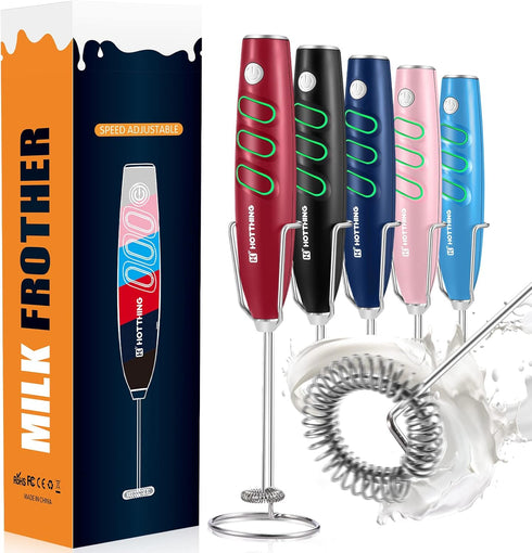 Milk Frother for Coffee, Hand Mixer, Handheld Electric Whisk, Battery Operated Drink Mixer for Latte, Cappuccino, Hot Chocolate, Matcha (Red)...