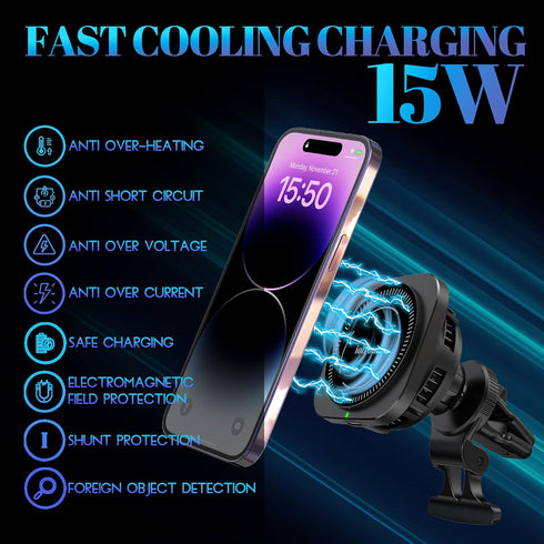 MagSafe Car Mount Charger, Fan Cooling Charging, 15W Wireless Phone Car Charger Mount Compatible with iPhone 15 14 13 12 MagSafe Case (M)......