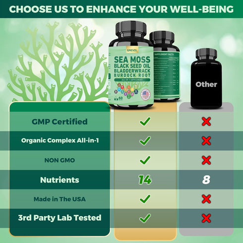 Organic Sea Moss Supplement, Sea Moss 8000mg Black Seed Oil 6000mg Bladderwrack 5000mg Burdock 4000mg Turmeric VC D3 Elderberry ACV Black Pepper C...