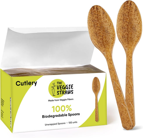 100% Biodegradable Spoons Made of Vegetable Fibers, 100 PCS of 6.7” Long Heavy-Duty and Splinter Free Eco-Friendly Spoons, Perfect Sustainable Cut...
