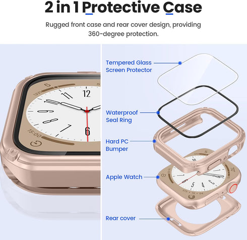 Goton 2 in 1 Waterproof Rugged Case for Apple Watch Screen Protector 44mm Series 6 5 4 SE, 360 Protective Glass Face Cover Hard PC Bumper + Back F...
