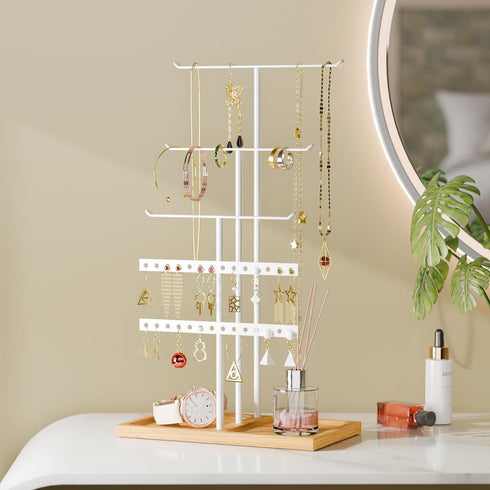 Jewelry Holder Stand Organizer: 3-tier Tree for Necklaces Earrings Rings Bracelets - Natural Wood Tray - Jewelry Hanger for Dispaly Decor and Stor...