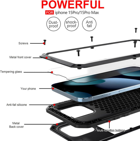 2024 for iPhone 15 Pro Max Case Cover Full Body Shockproof Dustproof Waterproof Aluminum Alloy Metal Gorilla Glass Cover Case for Apple iPhone 15 ...
