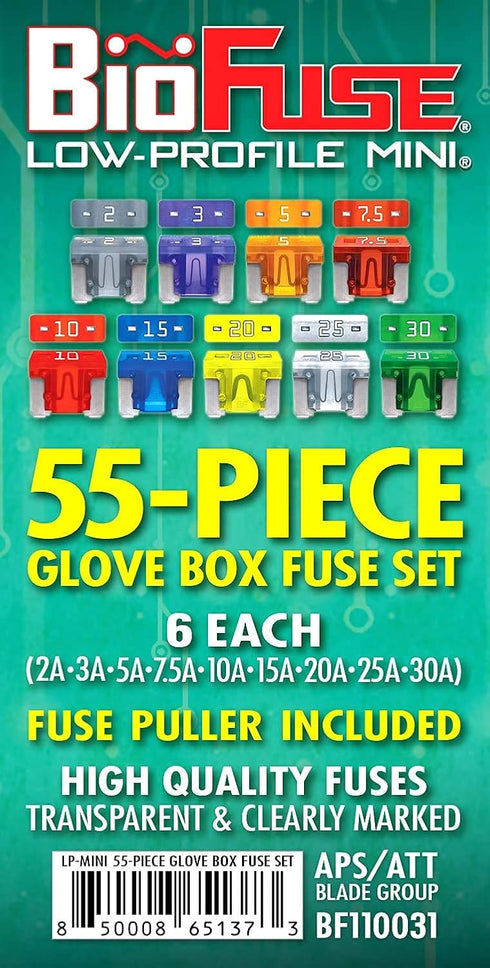 Low Profile Mini ATT 55 Piece Automotive Car Fuse Assortment Glove Box Set (54 LP-Mini Blade Fuses + Fuse Puller) 2A 3A 5A 7.5A 10A 15A 20A 25A 30...