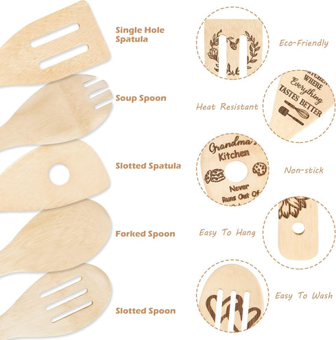 5Pcs Grandma Wooden Spoons Utensils Set, Cooking Utensils Non-Stick Carve Spoons Burned Bamboo Cookware Kitchen Gadget Kit Grandma Birthday Grandp...