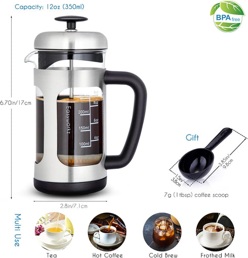 Easyworkz Stainless Steel French Press 12 oz Coffee Tea Maker with Soft Grip Handle...
