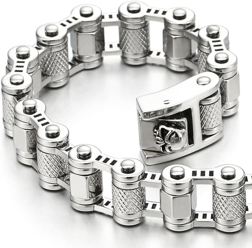 COOLSTEELANDBEYOND Masculine Mens Bike Motorcycle Link Bike Chain Bracelet of Stainless Steel with Skull Clasp...
