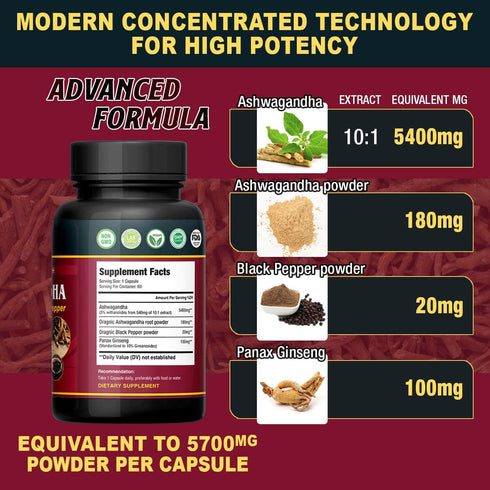 Organic India Ashwagandha Capsules 5700mg - 60 Vegan Capsules with Panax Ginseng + Black Pepper Supporting Focus, Cognitive Function, Immune & Thy...