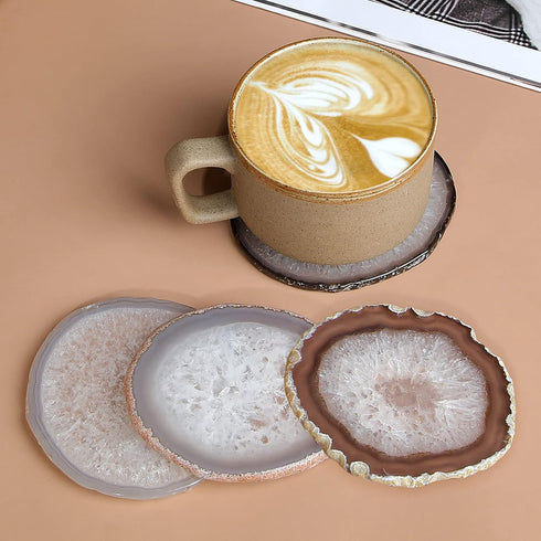 Natural Agate Coaster Set of 4, 3.5-4" Crystalline Geode Stone Coasters for Drinks Coffee Table Decor Agate Slices Glass Cups Holder for Home Gues...