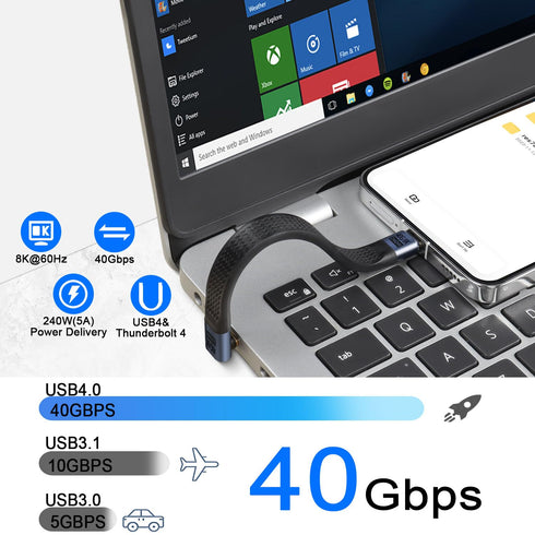 QIANRENON 240W USB4.0 C Male to 90° Angle Type C Male PD Fast Charging Short Cable 40Gbps USB Type C 4.0 Flat Soft Data Cable, for Thunderbolt 3/4...